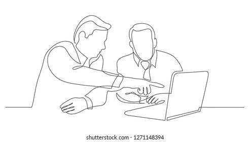two business partners discussing presentation on laptop screen - one line drawing