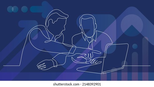 two business partners discussing presentation on laptop screen - one line drawing
