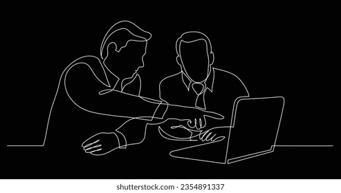 two business partners discussing presentation on laptop screen - one line drawing