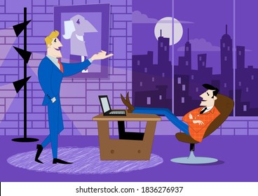 Dos socios comerciales están discutiendo el progreso del trabajo. Contrato comercial, financiamiento de ideas. Ilustración del vector