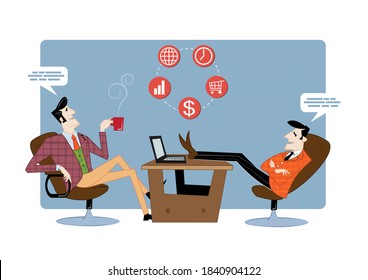 Dos socios comerciales están discutiendo el progreso del trabajo. Contrato comercial, financiamiento de ideas. Ilustración del vector