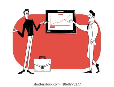Dos socios comerciales están discutiendo el progreso del trabajo. Contrato comercial, financiamiento de ideas. Ilustración del vector