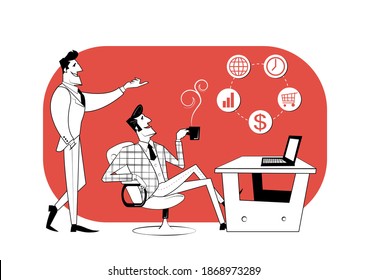 Two business partners are discussing work progress. Business contract, idea financing. Vector illustration