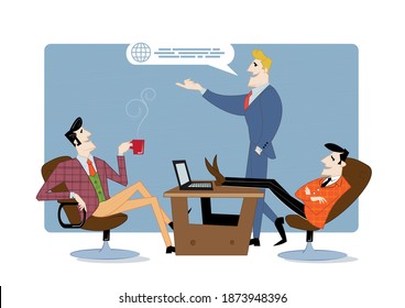 Dos socios comerciales están discutiendo el progreso del trabajo. Contrato comercial, financiamiento de ideas. Ilustración del vector