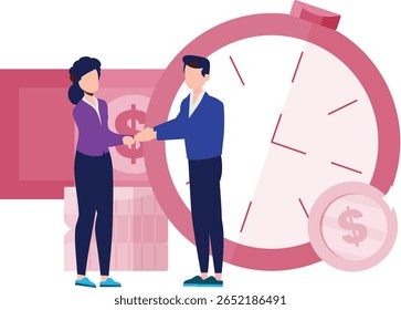 Two business partners, dressed in formal attire, are shaking hands with smiles, sealing a deal in a modern office environment