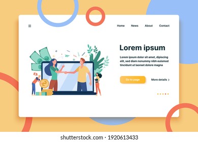 Two business partners handshaking in big laptop screen flat vector illustration. Cartoon characters concluding agreement online. Partnership, teamwork and global negotiation concept