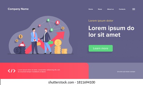 Two business partners handshaking flat vector illustration. Cartoon businessmen concluding agreement for success. Partnership, teamwork and negotiation concept