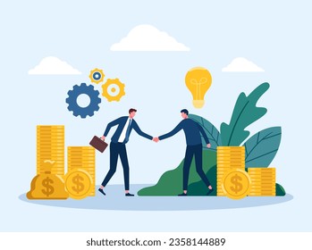 Two business partners handshaking flat vector illustration. Cartoon businessmen concluding agreement for success. Partnership, teamwork and negotiation concept, vector illustration