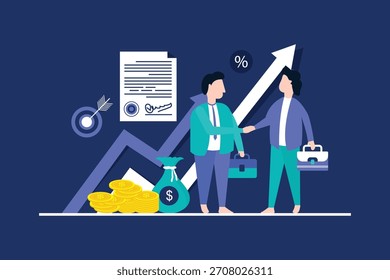 Dos socios de negocios apretando la mano Ilustración vectorial plana. empresarios de dibujos animados que concluyen el Acuerdo para el éxito. sociedad, concepto de trabajo en equipo