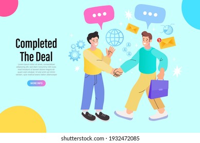 Dos socios comerciales estrechando la mano. Trabajo en equipo y concepto de negociación. apretón de manos de hombres de negocios, dibujo animado de diseño plano. Finanzas. Intermediarios financieros. Ilustración vectorial.