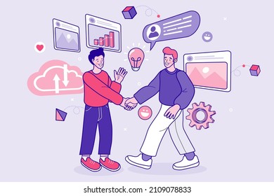 Two business partners handshaking. Teamwork and negotiation concept. businessmen handshake, cartoon flat design style. Finance. Financial intermediaries. Vector outline illustration.