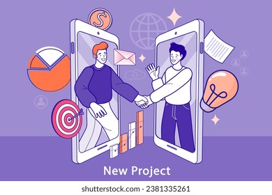 Zwei Geschäftspartner Handshaking. Teamwork und Verhandlungskonzept. Geschäftsleute, Handshake, Cartoon-Flachdesign-Stil. Finanzen. Finanzintermediäre. Vektorgrafik.