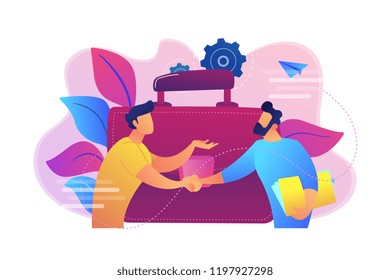 Two business partners shaking hands and big briefcase. Partnership and agreement, cooperation and deal completed concept on white background. Bright vibrant violet vector isolated illustration