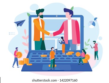 Two Business Partners Shaking Hands In Big Laptop. Online Business, Partnership And Agreement, With Small Employ Around,  Cooperation And Deal Completed, Remote Concept Vector Illustration.