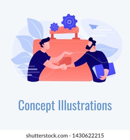 Two business partners shaking hands and big briefcase. Partnership and agreement, cooperation and deal completed concept on white background. Coral pink palette vector isolated illustration.