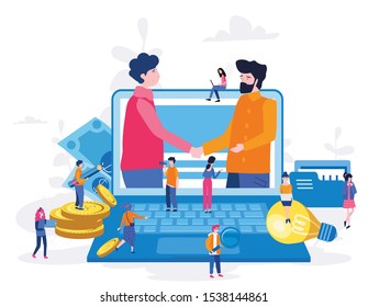 Two business partners shaking hands in big laptop. Online business, Partnership and agreement, with small employ around,  cooperation and deal completed, remote concept vector illustration.