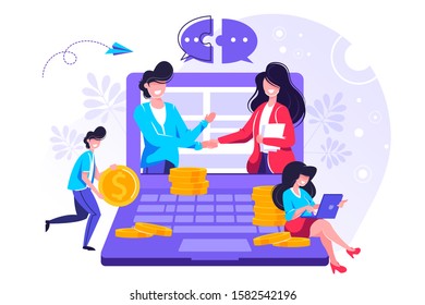 	
Two business partners shaking hands in big laptop. Online business, Partnership and agreement, with small employ around, cooperation and deal completed, remote concept vector illustration.