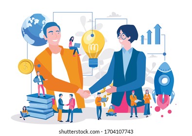 Two business partners shaking hands. Online business, Partnership and agreement, with small employ around,  cooperation and deal completed, remote concept vector illustration.