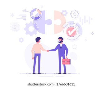 Two business partners are shaking hands. The investor investing money to idea and startup. Partnership and deal concept. Modern vector illustration.