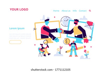 Two business partners shaking hands in big laptop. Online business, Partnership and agreement, with small employ around, cooperation and deal completed, remote concept vector illustration.