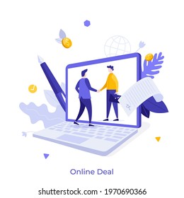 Two business partners shaking hands on laptop computer screen. Concept of online deal, smart contract, digital agreement, cooperation through internet. Modern flat vector illustration for poster.