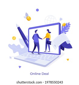 Two Business Partners Shaking Hands On Laptop Computer Screen. Concept Of Online Deal, Smart Contract, Digital Agreement, Cooperation Through Internet. Modern Flat Vector Illustration For Poster.