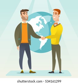 Zwei Geschäftspartner schütteln sich die Hände. Geschäftspartner Handshaking nach erfolgreichem Abschluss auf Weltkarte-Hintergrund. Internationale Geschäftspartnerschaft.  Vektorflache Design-Illustration. Quadratisches Layout.