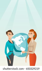 Dos socios comerciales estrechando la mano. Los socios comerciales se ponen manos a la obra después de un acuerdo exitoso sobre un fondo de mapa mundial. Asociación comercial internacional. Ilustración de diseño plana vectorial. Diseño vertical