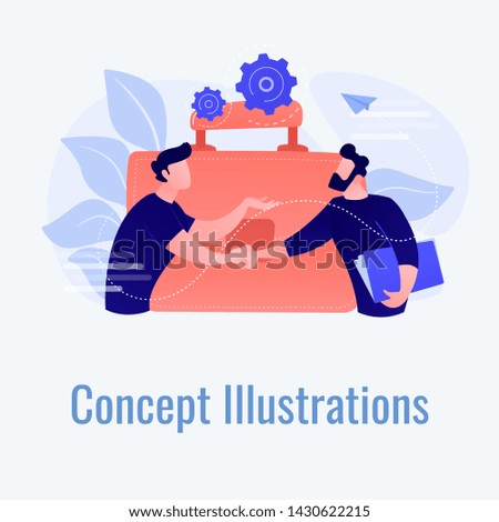 Two business partners shaking hands and big briefcase. Partnership and agreement, cooperation and deal completed concept on white background. Coral pink palette vector isolated illustration.
