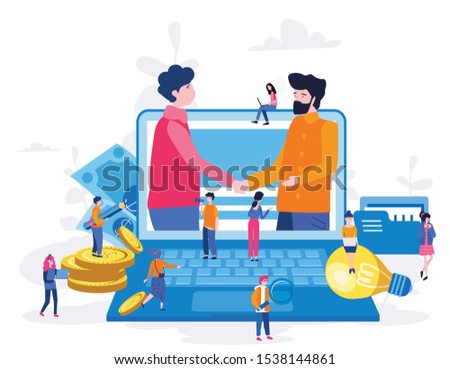 Two business partners shaking hands in big laptop. Online business, Partnership and agreement, with small employ around,  cooperation and deal completed, remote concept vector illustration.