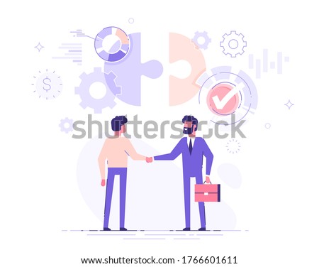 Two business partners are shaking hands. The investor investing money to idea and startup. Partnership and deal concept. Modern vector illustration.