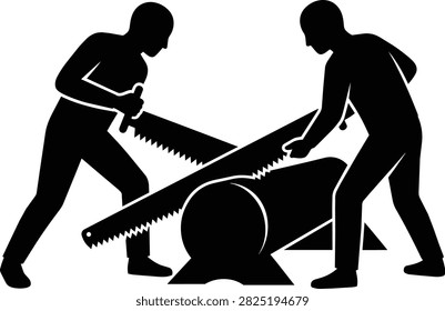 Two business partners using a large vintage crosscut saw to cut wood together, representing teamwork, cooperation, and joint effort in business.