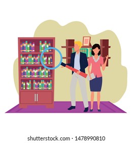 Two business partners working, executive entrepreneur teamwork in house with library study room vector illustration graphic design.