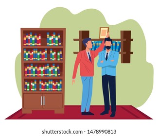 Two business partners working, executive entrepreneur teamwork in house with library study room vector illustration graphic design.