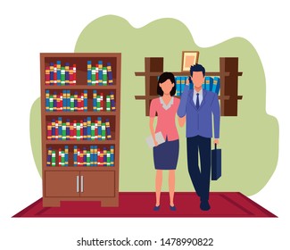 Two business partners working, executive entrepreneur teamwork in house with library study room vector illustration graphic design.