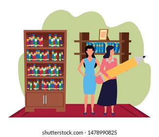 Two business partners working, executive entrepreneur teamwork in house with library study room vector illustration graphic design.