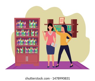 Two business partners working, executive entrepreneur teamwork in house with library study room vector illustration graphic design.