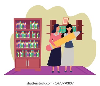 Two business partners working, executive entrepreneur teamwork in house with library study room vector illustration graphic design.
