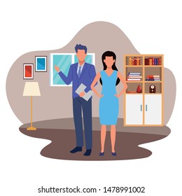 Two business partners working, executive entrepreneur teamwork inside house with furniture scenery vector illustration graphic design.