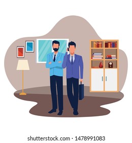 Two business partners working, executive entrepreneur teamwork inside house with furniture scenery vector illustration graphic design.