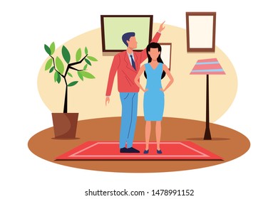 Two business partners working, executive entrepreneur teamwork inside house with furniture scenery vector illustration graphic design.