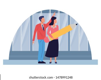 Two business partners working, executive entrepreneur teamwork over office windows background vector illustration graphic design.