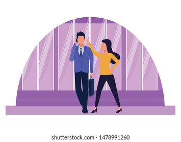 Two business partners working, executive entrepreneur teamwork over office windows background vector illustration graphic design.