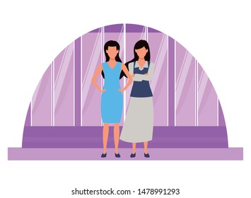 Two business partners working, executive entrepreneur teamwork over office windows background vector illustration graphic design.