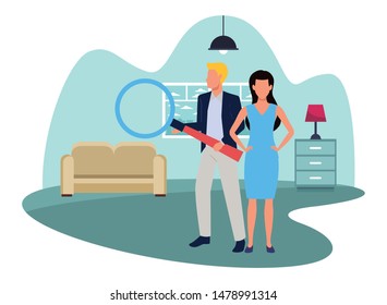 Two business partners working, executive entrepreneur teamwork inside house with furniture scenery vector illustration graphic design.