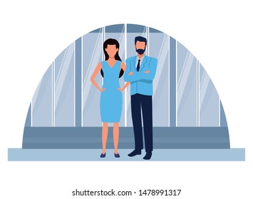 Two business partners working, executive entrepreneur teamwork over office windows background vector illustration graphic design.