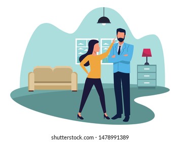 Two business partners working, executive entrepreneur teamwork inside house with furniture scenery vector illustration graphic design.