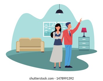 Two business partners working, executive entrepreneur teamwork inside house with furniture scenery vector illustration graphic design.