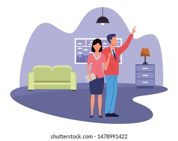 Two business partners working, executive entrepreneur teamwork inside house with furniture scenery vector illustration graphic design.