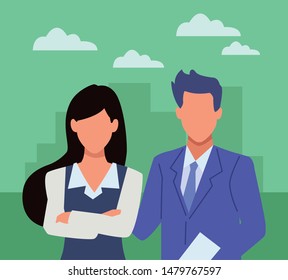 Two business partners working, executive entrepreneur teamwork inside office building scenery ,vector illustration graphic design.